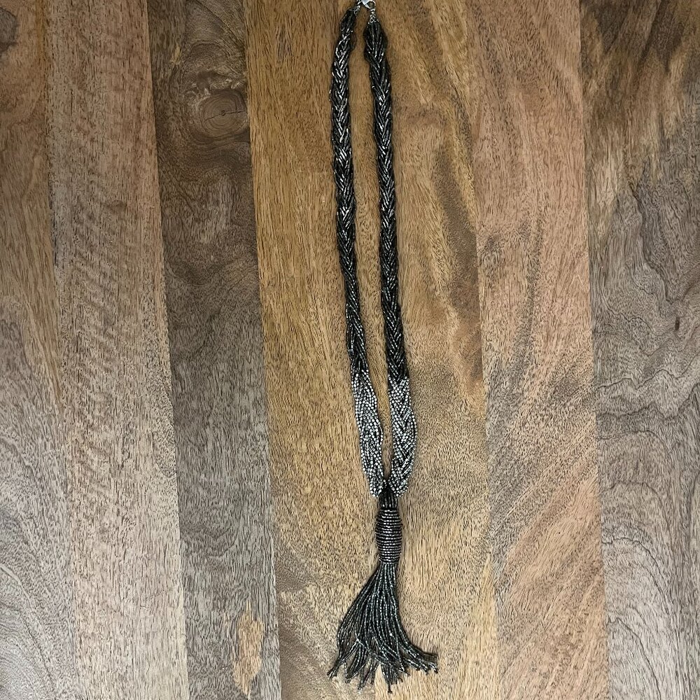 Ann Taylor Loft women's beaded tassel necklace silver tones, 28 inch length